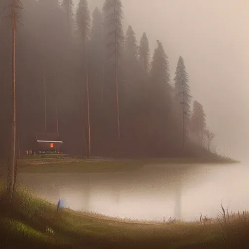 Prompt: “ swedish cabin in the forest next to the lake by simon stalenhag, misty morning, cinematic ”