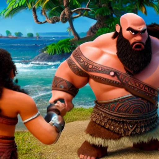 Image similar to kratos fighting with moana rendered by disney