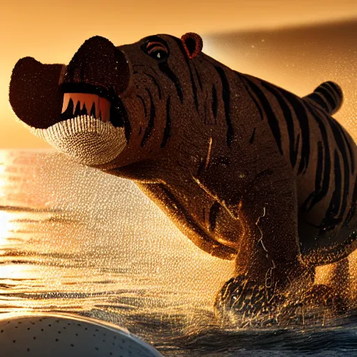 Image similar to a closeup photorealistic photograph of a cute smiling knitted tiger hippopotamus chasing a beachball at sunset. surf in the background. professional capture. this 4 k hd image is trending on artstation, featured on behance, well - rendered, extra crisp, features intricate detail, epic composition and the style of unreal engine.