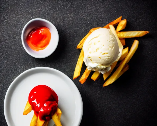 Image similar to dslr food photograph of vanilla ice cream with ketchup on, a leaf of basil on the ice cream, french fries on the side, bokeh, 8 5 mm f 1. 4