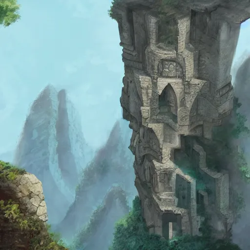 Image similar to ancient ruined city carved into a tall cliff rock, concept art