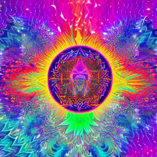 Image similar to a holographic sticker in the style of lisa frank and alex grey