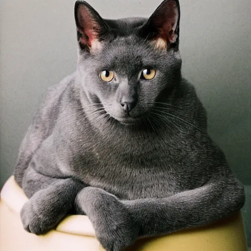 Prompt: Portra 400 a russian blue cat sitting on top of a german sheppherd in a space toilet