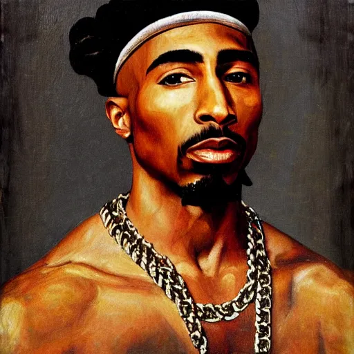 Prompt: a renaissance style portrait painting of tupac