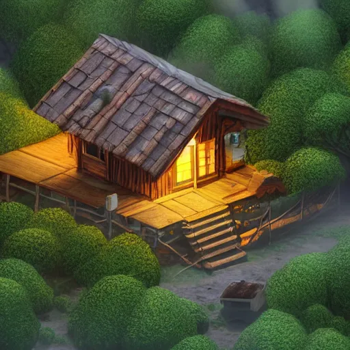 Image similar to concept art of a cabin in the woods, isometric view, detailed, volumetric lighting, unreal engine