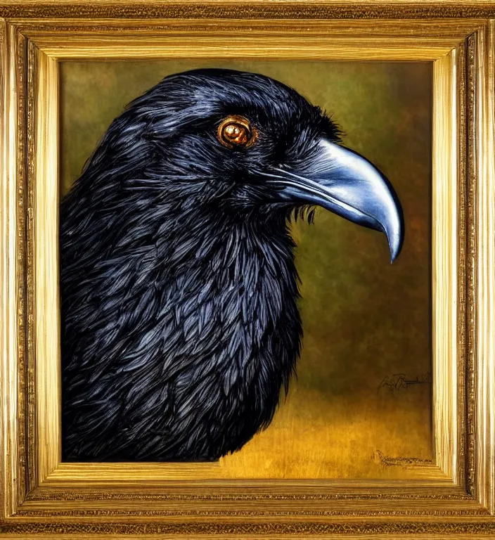 Image similar to a breathtakingly stunningly pre raphaelite beautifully highly detailed extreme close up animal portrait of a majestic raven, in an forest smokey water reflections, framed, by rosetti and devinci and michael cheval and sidney cooper and turner, 4 k