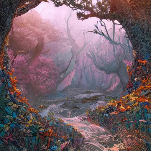 Prompt: beautiful, wistful, aesthetic landscape of an open forest, illustration by kim jung gi, james jean, rainbow colored, extremely detailed, intricate linework, sharp focus, bright colors, octopath traveler, final fantasy, unreal engine 5 highly rendered, global illumination, radiant light, detailed and intricate environment