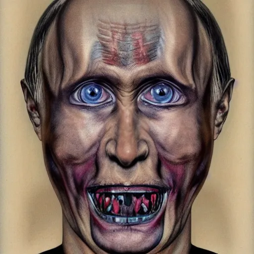 Image similar to Bodyhorror portrait by H.R.Giger of Vladimir Putin who became a degenerate horror Abomination, photo-realistic, color image, 2K, highly detailed