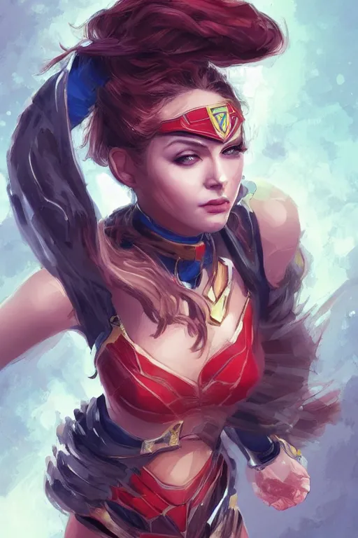 Image similar to three quarters portrait of a beautiful woman,super hero costume,heroic pose,highly detailed, digital painting,illustration, art by Stanley Lau