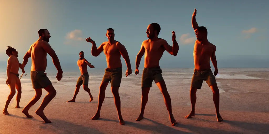 Prompt: 'dos hombres sin camisa llevando shortes bailando en la playa de San Juan, golden hour, photorealistic, extreme detail, octane render, artstation, unreal engine'