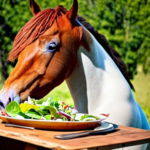 Image similar to a large humanoid horse sitting at a rustic table eating a small side salad