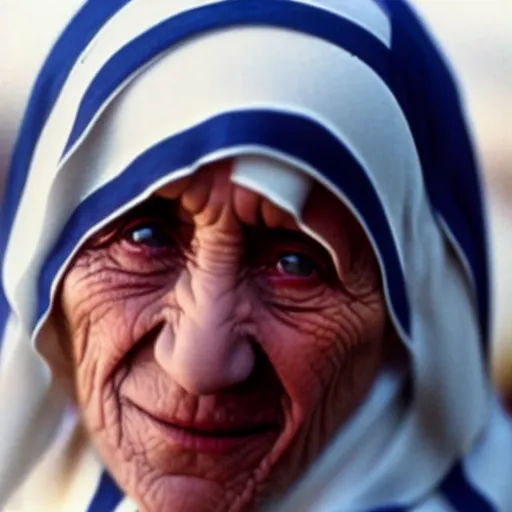Prompt: A still of Mother Teresa in Rambo First Blood