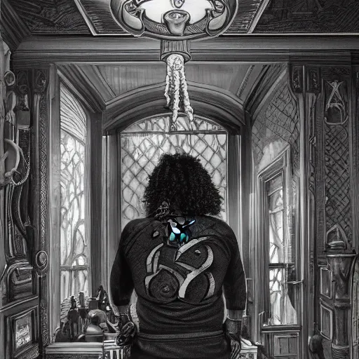 Image similar to a black man with long curly hair, with his back turned, looking at a victorian window, on deep sea, a big glowing letter K on the wall, + Cinematic Lighting + Deep Shadows + Hyper Realistic + Hyper Maximalist + Maximalist Composition + Intricate Details + Rendered in Octane + Trending on Artstation + Hall of Fame on Cgsociety + 8K portrait + 8k Post-Processing Highly Detailed + Rendered by Octane Engine + 8K Artstation 8k Detail Post Processing + Octane Render