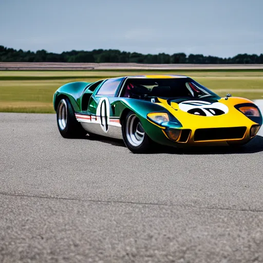 Prompt: a 1 9 6 6 ford gt 4 0 mixed with a 1 9 9 1 mazda 7 8 7 b, professional photography, wide - angle