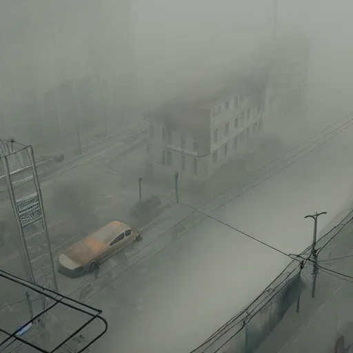 Prompt: overhead view of foggy streets in style of silent hill one, realistic, detailed, 4 k