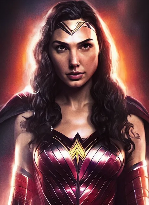 Prompt: a potrait of gal gadot as wanda maximoff by Zack Snyder, 8k photorealistic, cinematic lighting, HD, high details, dramatic, trending on artstation, view from above