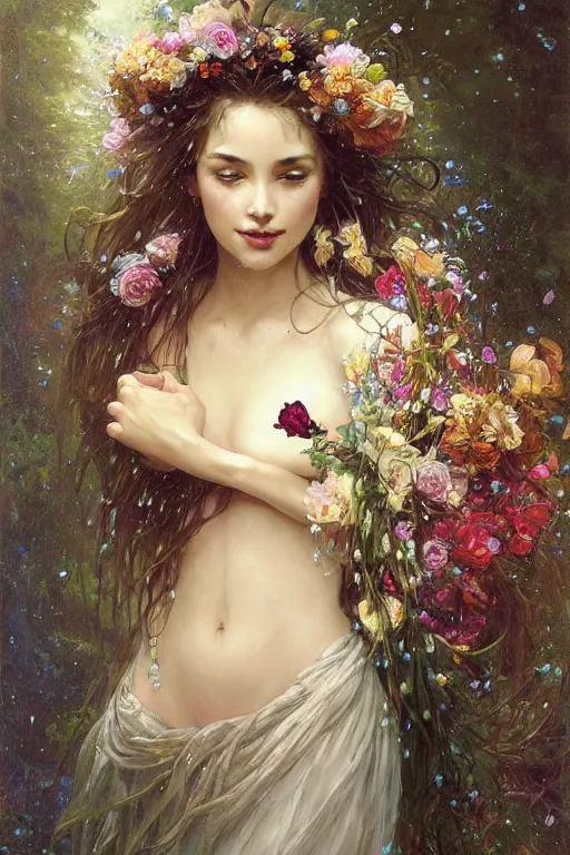 Image similar to portrait of a beautiful mysterious woman holding a bouquet of flowing flowers, wet dripping long hair, hands hidden under the bouquet, emerging from the water, fantasy, regal, intricate, by stanley artgerm lau, greg rutkowski, thomas kindkade, alphonse mucha, loish, norman rockwell