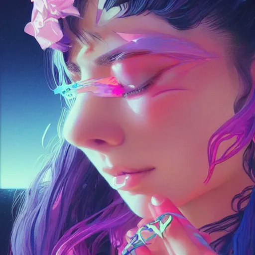 Image similar to young woman, gorgeous face, vaporwave aesthetic, synthwave, colorful, psychedelic, broken, shattered, beaten, sadness, crying, tears, artstation, concept art, smooth, extremely sharp detail, finely tuned detail, 8 k, ultra sharp focus, illustration, art by artgerm and greg rutkowski and alphonse mucha