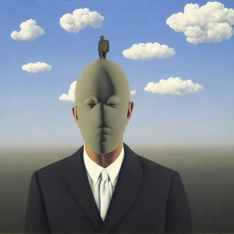 Image similar to portrait of a faceless shadow - head man in a suit, clouds in the background, by rene magritte, detailed painting, distance, middle centered, hd, hq, high resolution, high detail, 4 k, 8 k