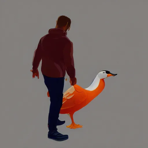 Image similar to man in orange shirt zip - up a goose, artstation