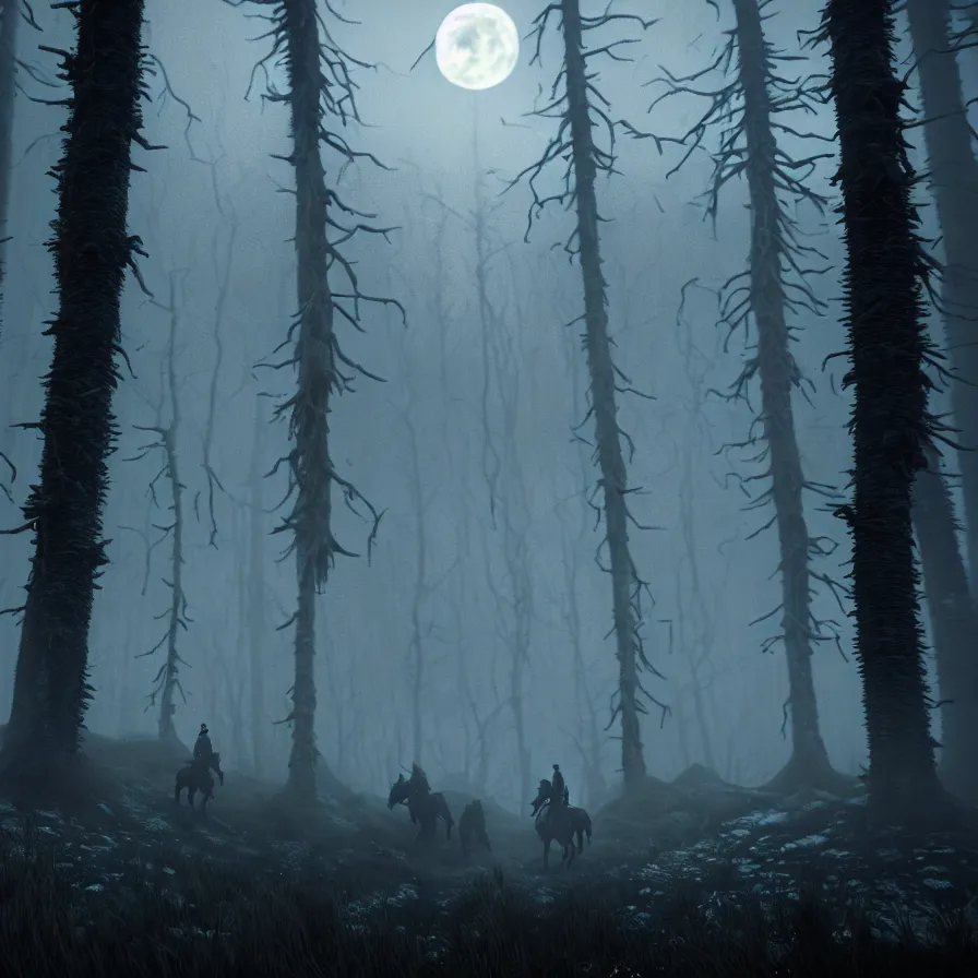 Image similar to the wild hunt, spectral riders in the full moon, lurking creepy woods, shadow creatures, dark enchanted forest, blizzard, fog, treacherous road, uneasy atmosphere, from the witcher series, cinematic, arnold gpu + octane workflow, 8 k, unreal 5, hyperrealist, intricate digital art, volumetric lighting, trending artstation, dark fantasy