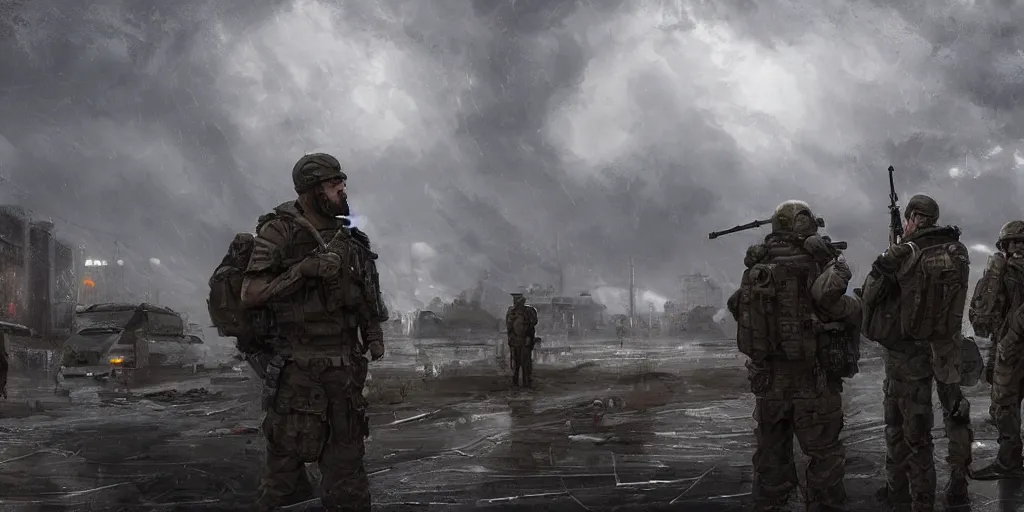 Image similar to private military company operatives standing outside immigration check point with severe weather storms across the sky, cinematic, realistic, detailed, intricate, digital art, ambient lighting, by jordan grimmer, industrial art style, 3 5 mm film grain, artstation