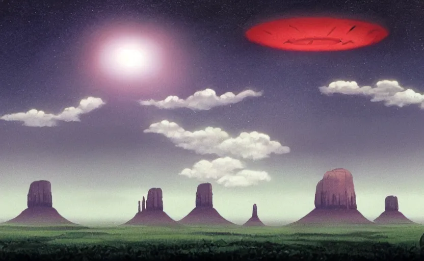 Image similar to a cell - shaded studio ghibli concept art from paprika ( 2 0 0 6 ) of a ufo with lights independence day ( 1 9 9 6 ) sitting on top of a lush temple that looks like monument valley stonehenge jungle on a misty starry night. a giant camel is in the foreground. very dull colors, hd, 4 k, hq