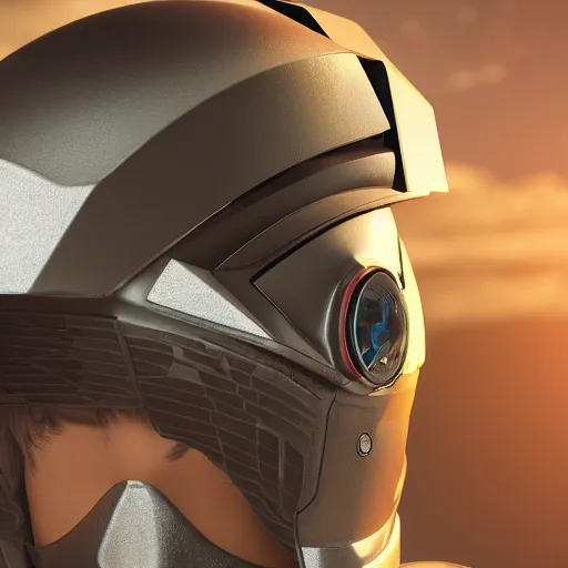 Prompt: a man wearing a pointed solarpunk helmet and faceplate, bright, futuristic, octane render, high detail