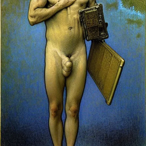 Prompt: realistic extremely detailed portrait painting of. an average. man with his. briefcase .in his. left hand . by Jean Delville, Amano, Yves Tanguy, Alphonse Mucha, Ernst Haeckel, Edward Robert Hughes, Roger Dean, pale muted pastel moody colors, gold eyes