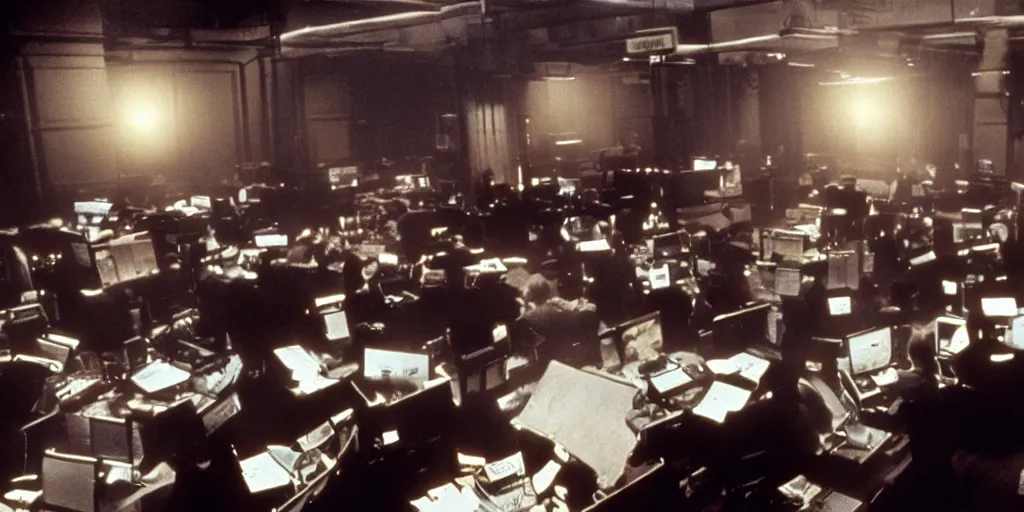 Prompt: film still of a wall street board room, ridley scott, crazy fearful atmosphere, bankers crying, stock market crash symbols on the wall, 1 9 8 0 s science fiction, dark science fiction movie