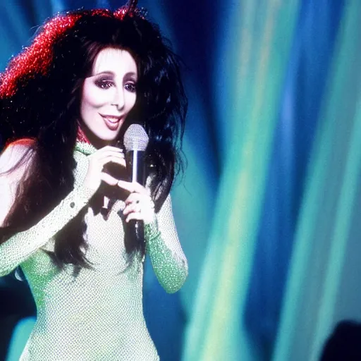 Image similar to cher singing dressed as a cherry