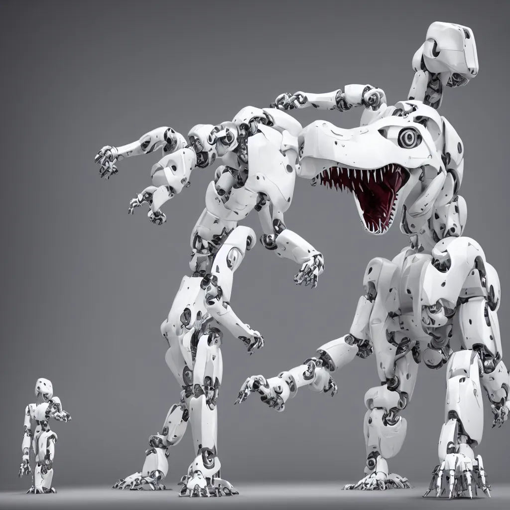 Prompt: white robotic t-rex, Modern design by Apple, claws sharp as knives, standing upright, large symmetric head, symmetric face, stubby arms, articulating body, screens as eyes, powerful jaw with sharp teeth. render
