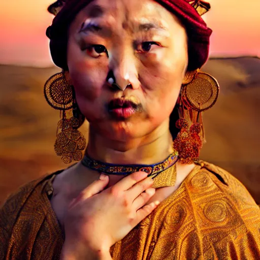 Image similar to photographic portrait of a stunningly beautiful renaissance mongol female in traditional dress in soft dreamy light at sunset, contemporary fashion shoot, by edward robert hughes, annie leibovitz and steve mccurry, david lazar, jimmy nelsson, breathtaking, 8 k resolution, extremely detailed, beautiful, establishing shot, artistic, hyperrealistic, beautiful face, octane render