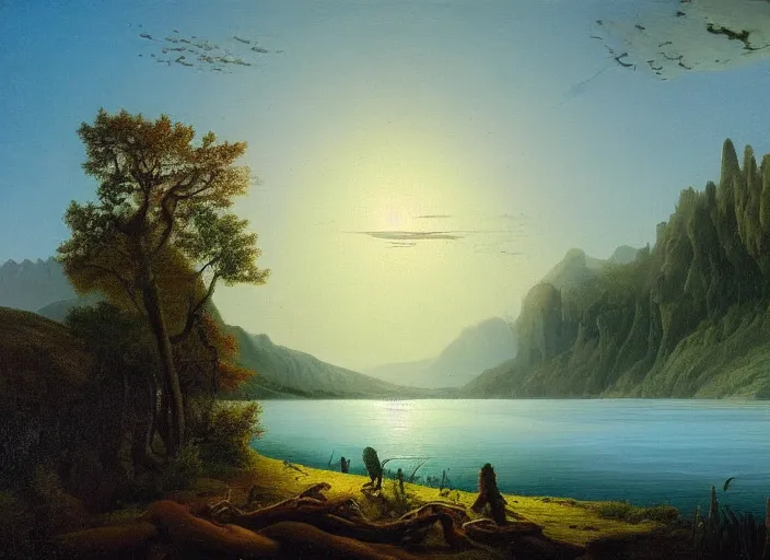 Image similar to first spring after the impact winter post - cretaceous paleogene extinction event, life is starting to adapt to a changed world, in the style of hudson river school of art, oil on canvas