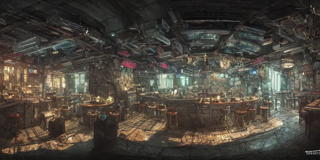 Image similar to Highly detailed realistic Digital concept interior design in style of Hiromasa Ogura and Josan Gonzalez of cyberpunk tavern with stone walls and neon lights, a lot of electronics, many details. Natural white sunlight from the transperient roof. Panorama on 360 degrees Rendered in 32K in VRAY and DaVinci Resolve and MAXWELL and LUMION 3D, Volumetric natural light