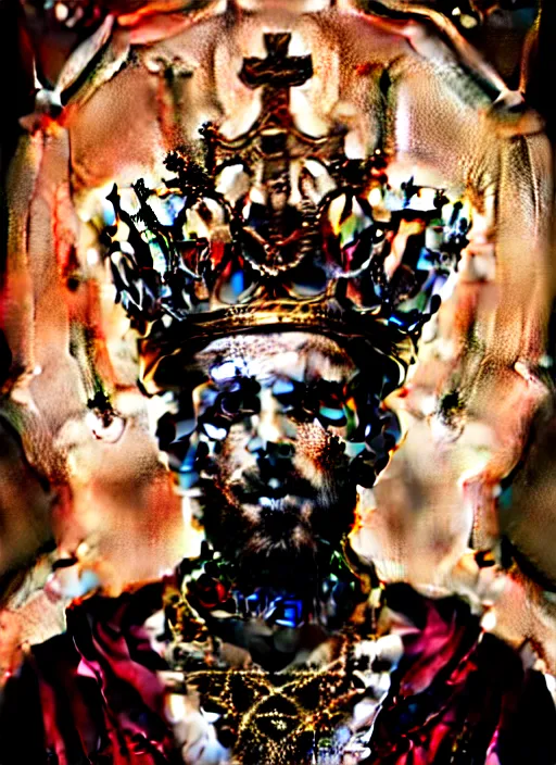 Image similar to 'Portrait of Crowned King Arthur' by Lee Jeffries royally decorated, whirling plasma, atmospheric motes, red and gold Sumptuous garb, gilt silk fabric, radiant colors, fantasy, perfect lighting, studio lit, micro details,