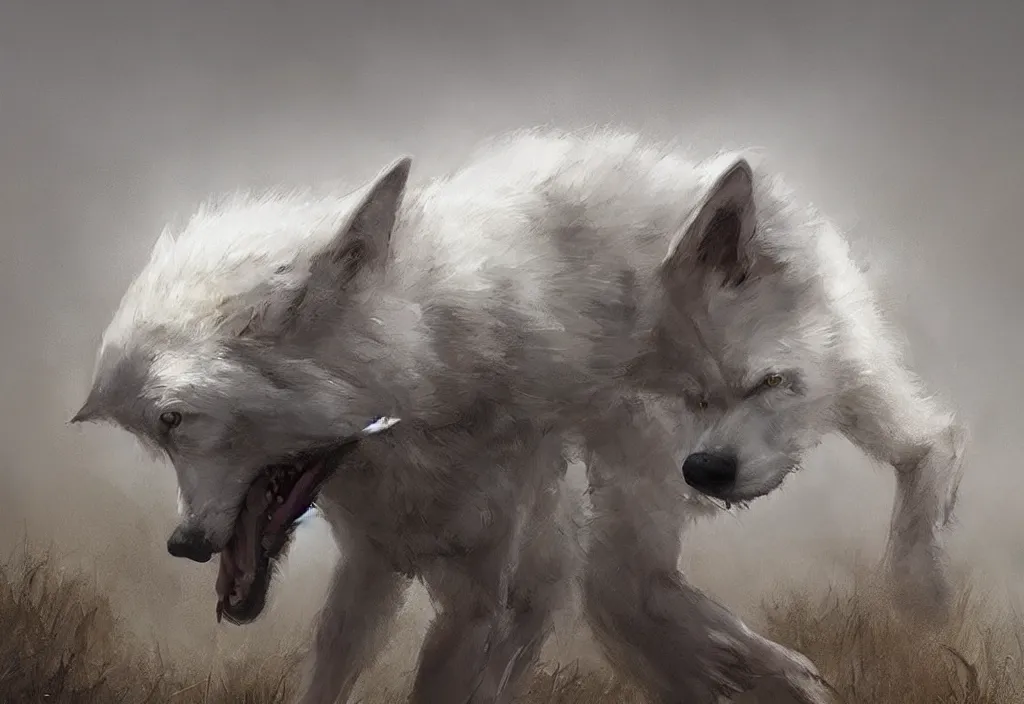 Prompt: a man his knees morphing into a white wolf, artstation, jakub rozalski, high detail, dramatic lighting