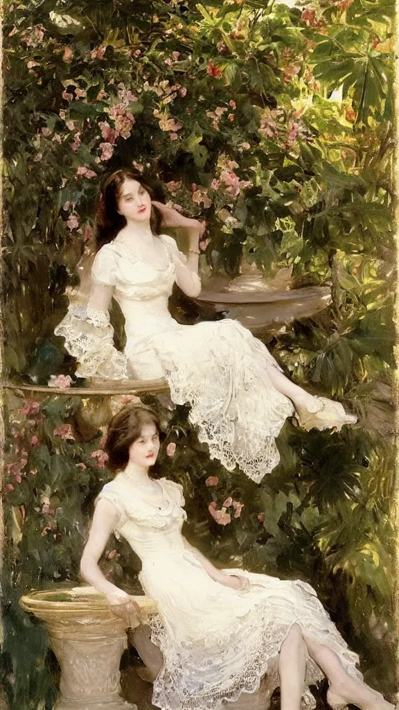 Image similar to beautiful young julee wear a lace dress in a botanical room set near a persian pot and palm treeby john singer sargent