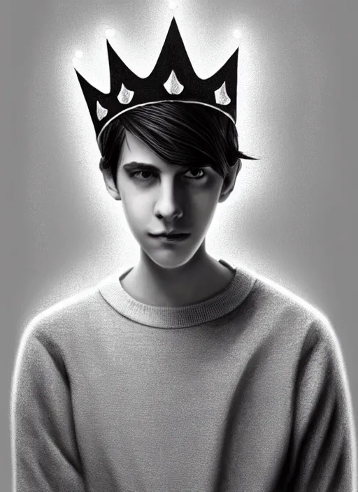 Image similar to portrait of teenage jughead jones wearing a light grey crown, photorealistic, crown, eyes closed, crown, black hair, sweater with letter s on it, letter s, intricate, elegant, glowing lights, highly detailed, digital painting, artstation, concept art, smooth, sharp focus, illustration, art by wlop, mars ravelo and greg rutkowski