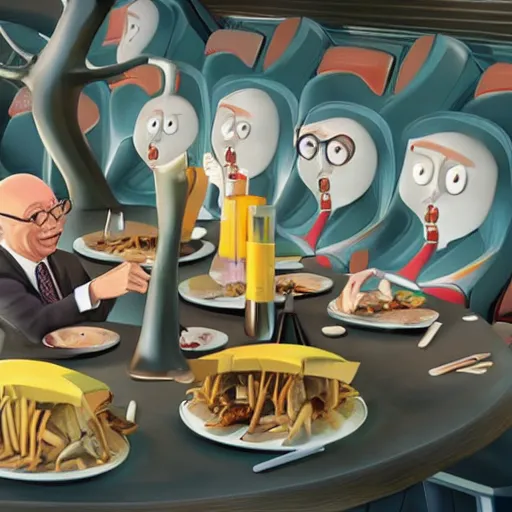 Prompt: EAT ZE BUGS with Klaus Schwab, stylized surrealism by Pixar