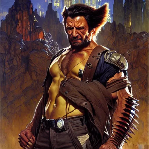 Image similar to portrait of wolverine. shadowrun cyberpunk fantasy highly detailed painting by gaston bussiere craig mullins jc leyendecker gustav klimt artgerm greg rutkowski john berkey, bergey, craig mullins, ruan jia, raymond swanland, jeremy mann, tom lovell, alex malveda