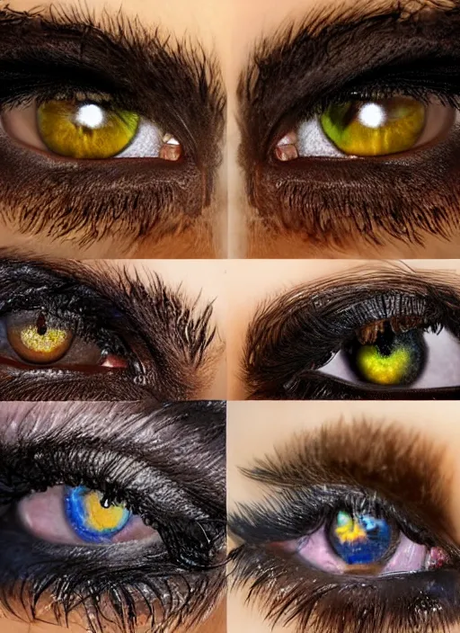 Image similar to grid montage of square shaped eyes, square shaped dilated pupils, square irises, detailed colored textures, eyelashes, advanced art, art styles mix, from wikipedia, wet reflections in eyes, sunshine light, hd macro photograph, from side, various eyelid positions, square black pupil centered