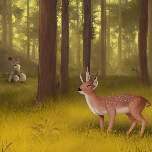 Image similar to concept art painting of an anthropomorphic chubby doe wearing yellow dress, in the deep forest, realistic, detailed, cel shaded, in the style of makoto shinkai and greg rutkowski and james gurney