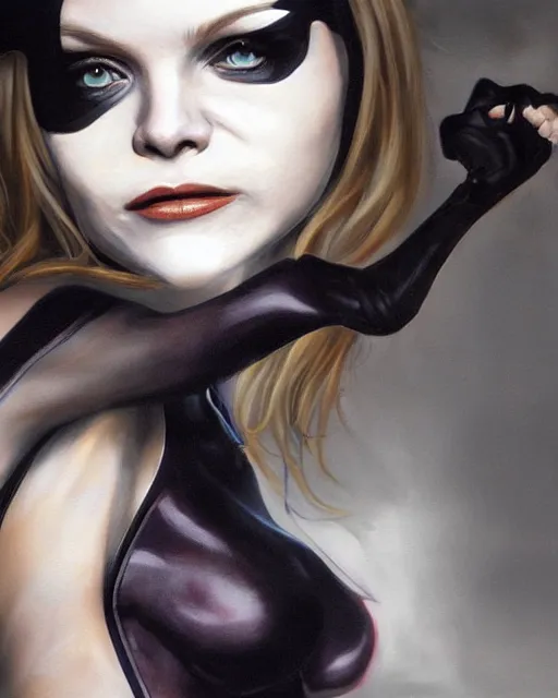 Image similar to full figure hyper realistic painting of young michelle pfeiffer as catwoman, hyper detailed, by clay mann, ayami kojima and greg rutkowski, trending on artstation, 3 light sources, rule of thirds, dutch angle