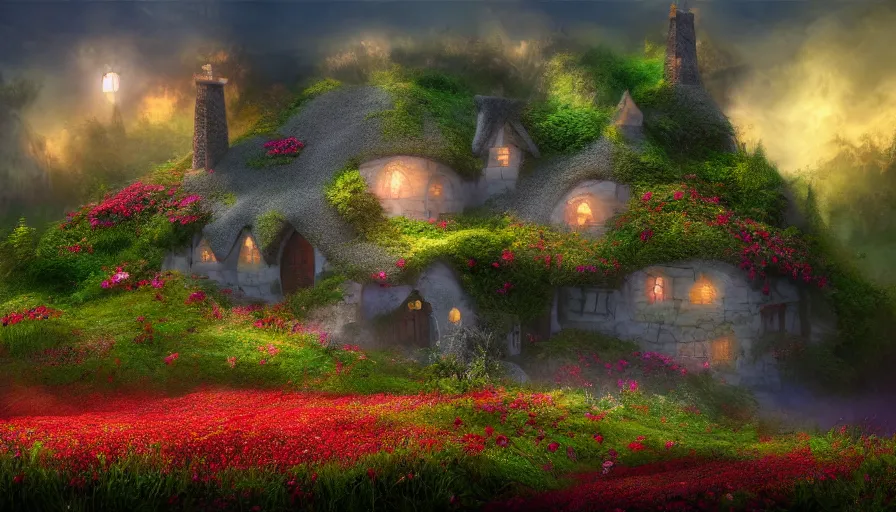 Prompt: fantasy cottage made of strawberry on a hill covered with magical floral meadow partially covered with fog, photo realistic image, super detailed, 4K,cinematic look