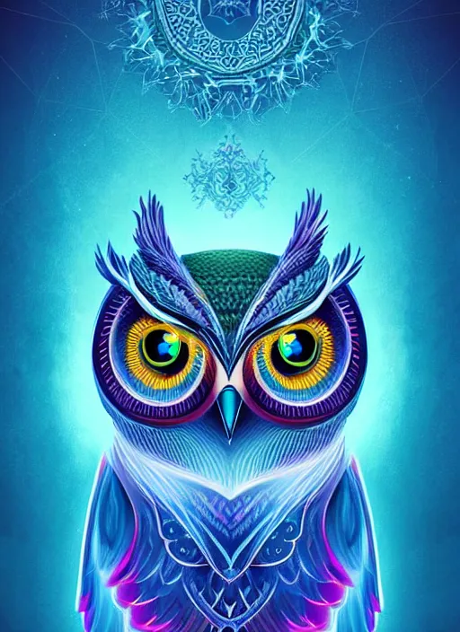 Image similar to symmetry!! product render poster vivid colors divine proportion owl, ice and snow, glowing fog intricate, elegant, highly detailed, digital painting, artstation, concept art, smooth, sharp focus, illustration,