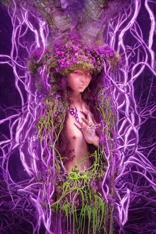 Image similar to female shaman of the purple forest, neon cloak, mycelium, fungi, vines, symmetrical features, illusion, magical realism, ultradetailed, volumetric lighting, 4k UHD, film poster.