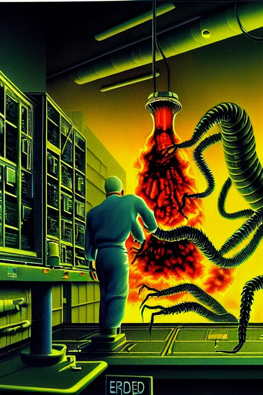 Image similar to a hyperrealistic detailed painting of a code red emergency at the nuclear power plant, radioactive scorpion radiation monster eating the laboratory, depth of field, by chris cunningham and richard corben, highly detailed, vivid color,