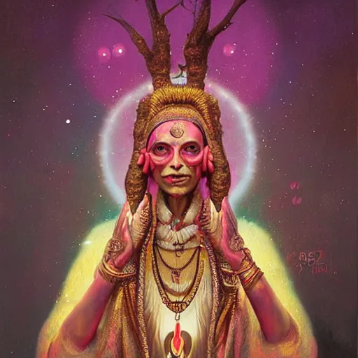 Image similar to wise old Indian guru, multiple arms, large ears, pink and gold , by Anato Finnstark, Tom Bagshaw, Brom