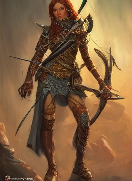 Image similar to female archer hunter, ultra detailed fantasy, dndbeyond, bright, colourful, realistic, dnd character portrait, full body, pathfinder, pinterest, art by ralph horsley, dnd, rpg, lotr game design fanart by concept art, behance hd, artstation, deviantart, hdr render in unreal engine 5